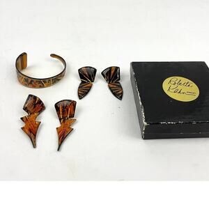 VTG John Crutchfield Earrings Bangle Metallic Art Graphics Gold Black 1990s